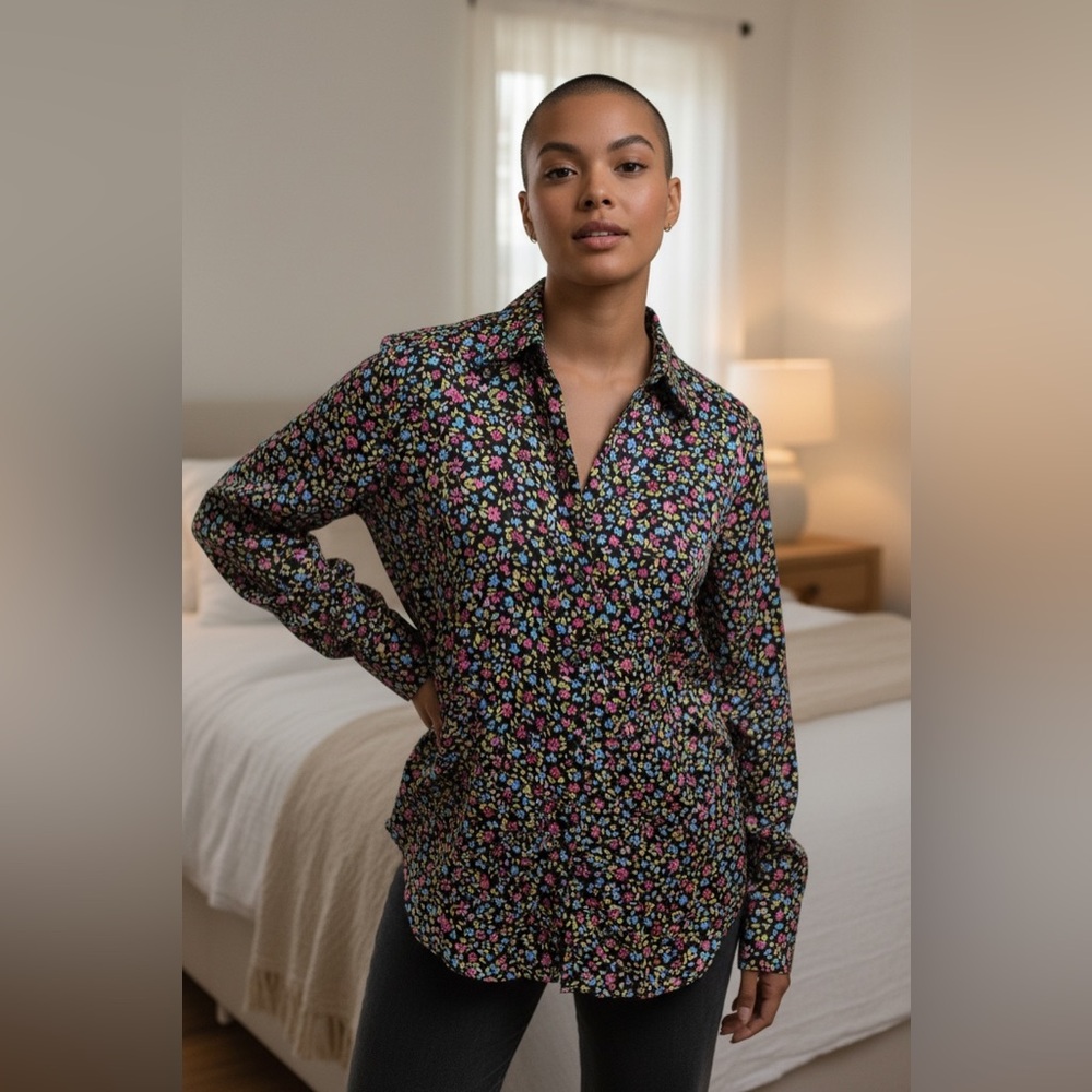 Zara Ditsy Floral Print Long Sleeve Shirt Blouse Black Multi Size XS